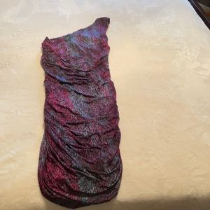 Size M- off the shoulder party dress. Color Pink/ purple with mixed colors.